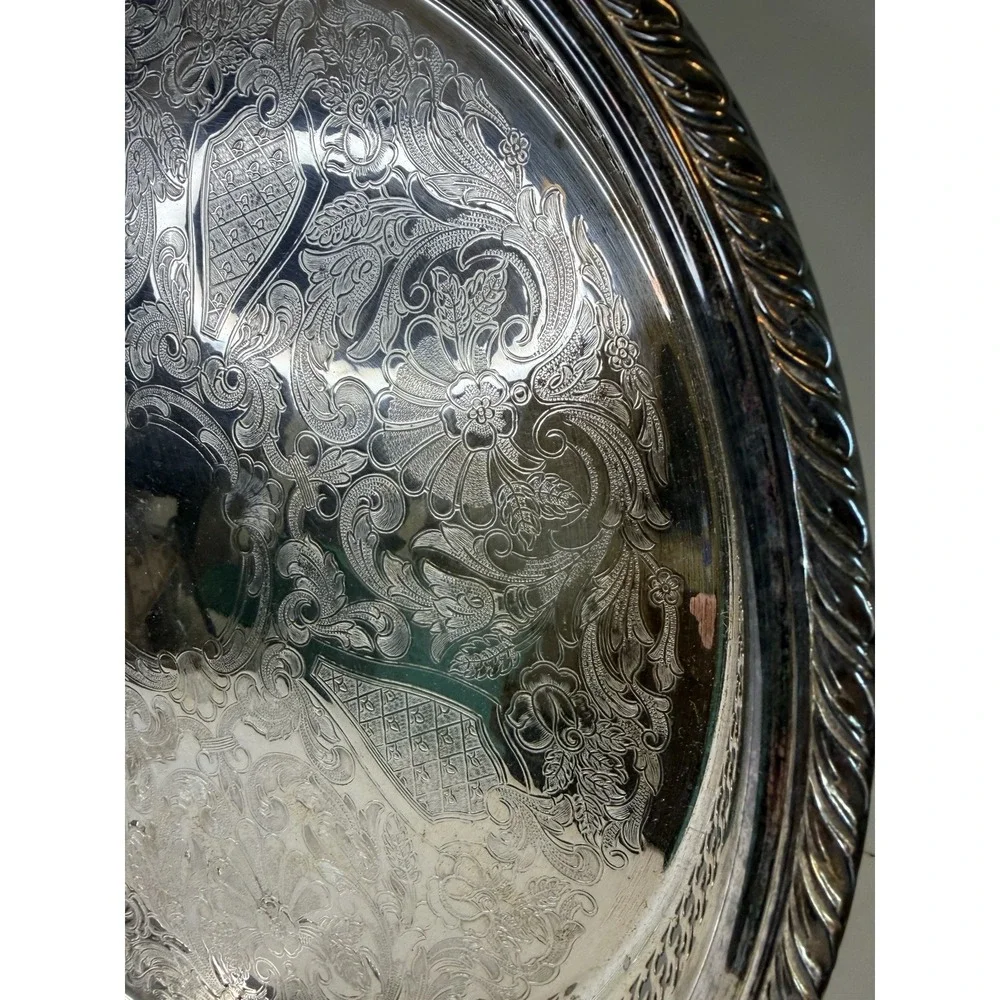Silverplate Tray/ Scroll Etching Raised Rim Pierced Design 15.8